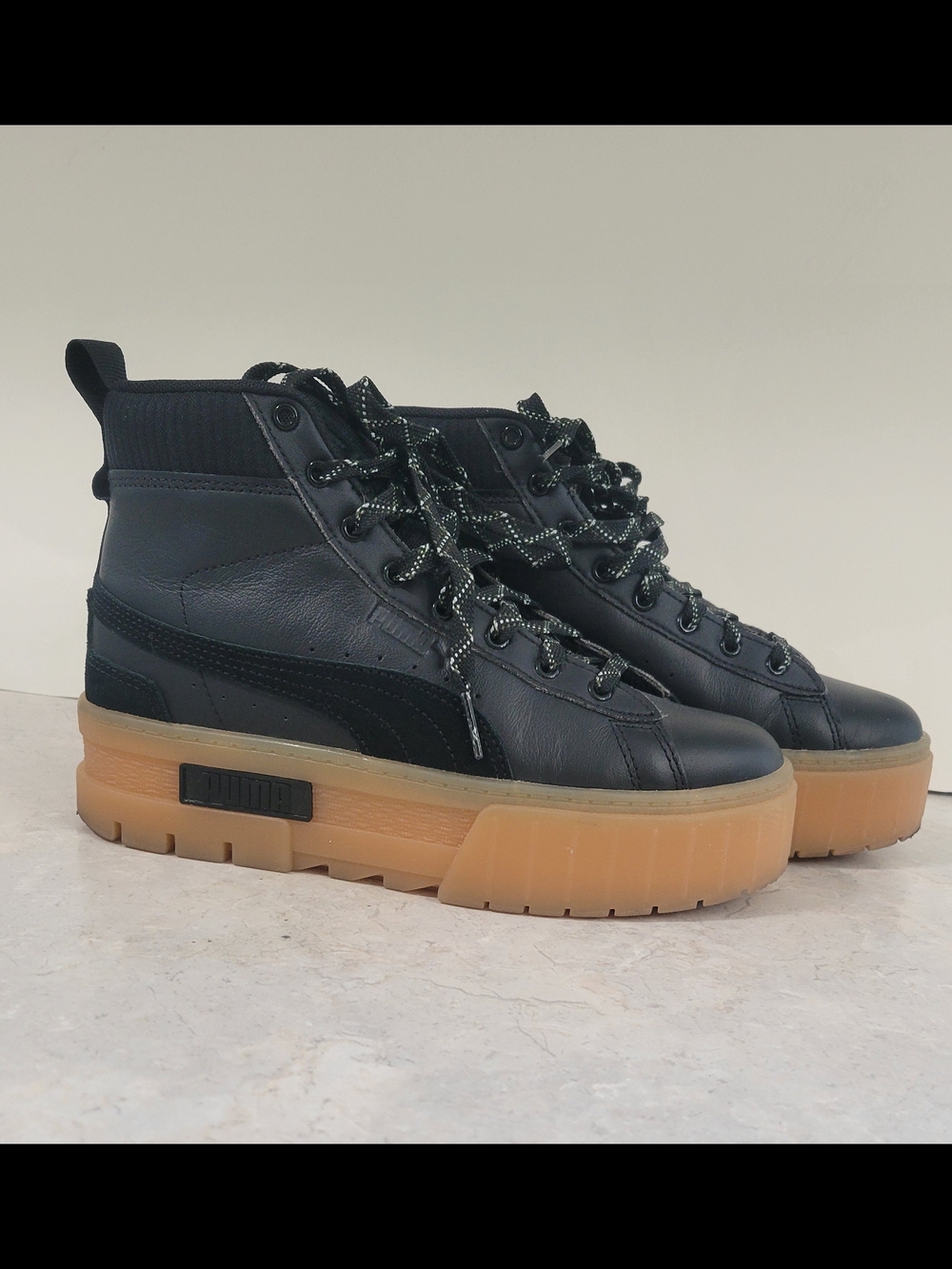 PUMA Black Leather Platform High-Top Sneakers with Gum Sole